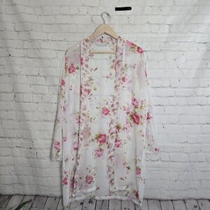 Linea Donatella Robe Size M White Lace Trim  Floral Sheer Lingerie  no belt Fem